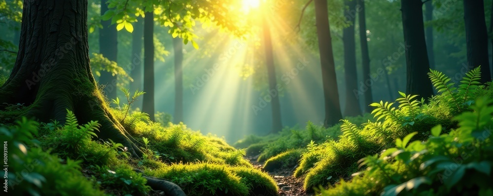 Fototapeta premium Sunlight dappled forest, ferns and moss on lush undergrowth, shade, background