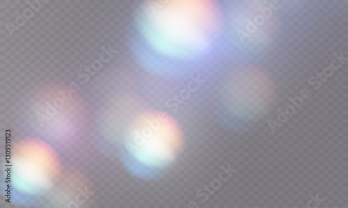 PNG Set of colorful vector lenses and light flares with transparent effects. Iridescent crystal leak glare reflection effect. Png Optical rainbow lights, glare, leak, streak overlay. falling confetti.