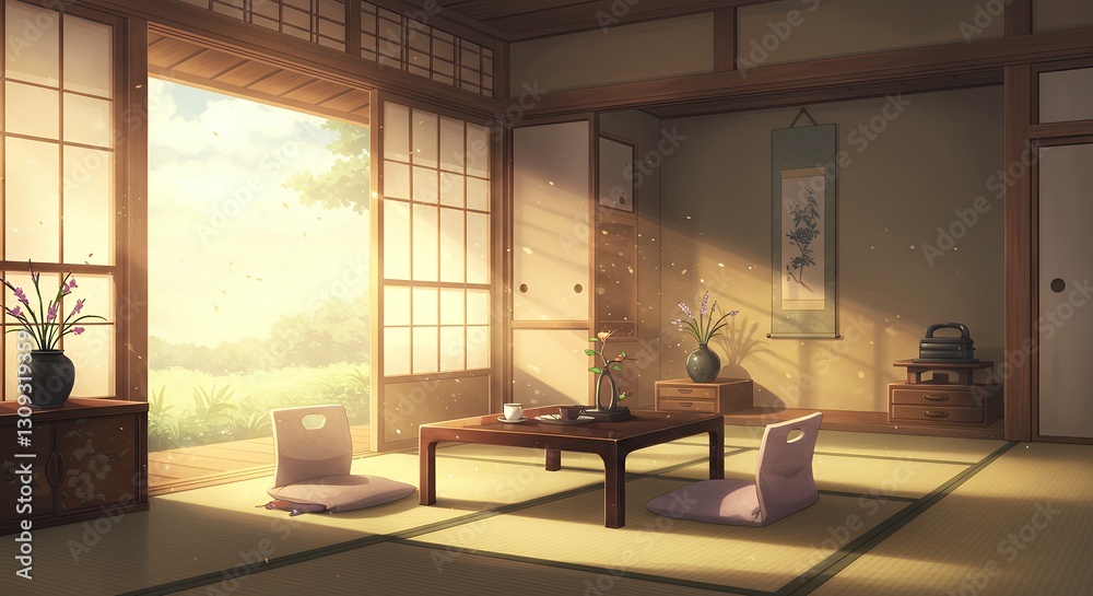 Inviting Interior Space with Tatami Mats and Sunlight Streaming Through