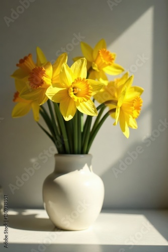 Wallpaper Mural Sunlit daffodil bunch in simple vase, dramatic shadow , trumpet daffodil, high key, still life Torontodigital.ca
