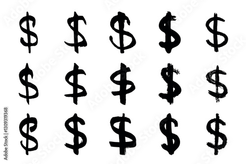 Hand drawn dollar currency symbol set Brush stroke doodle Single element for design