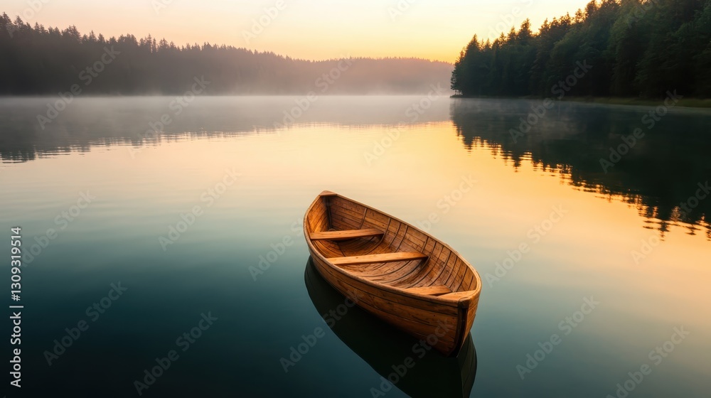 A wooden boat floats on a misty lake at sunrise, bathed in golden light, capturing the essence of a peaceful morning and the beauty of nature's quiet moments. A wooden boat floats on a misty lake at sunrise, bathed in golden light, capturing the essence of a peaceful morning and the beauty of nature's quiet moments.