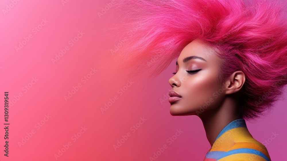 A dramatic profile of a model with voluminous pink hair against a stunning gradient background, highlighting beauty, power, and artistic flair in a captivating manner. A dramatic profile of a model with voluminous pink hair against a stunning gradient background, highlighting beauty, power, and artistic flair in a captivating manner.