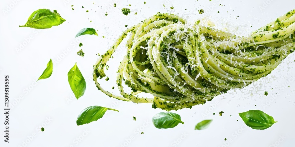 Obraz premium Fresh basil pesto pasta with parmesan sprinkles mid-air on a bright white background