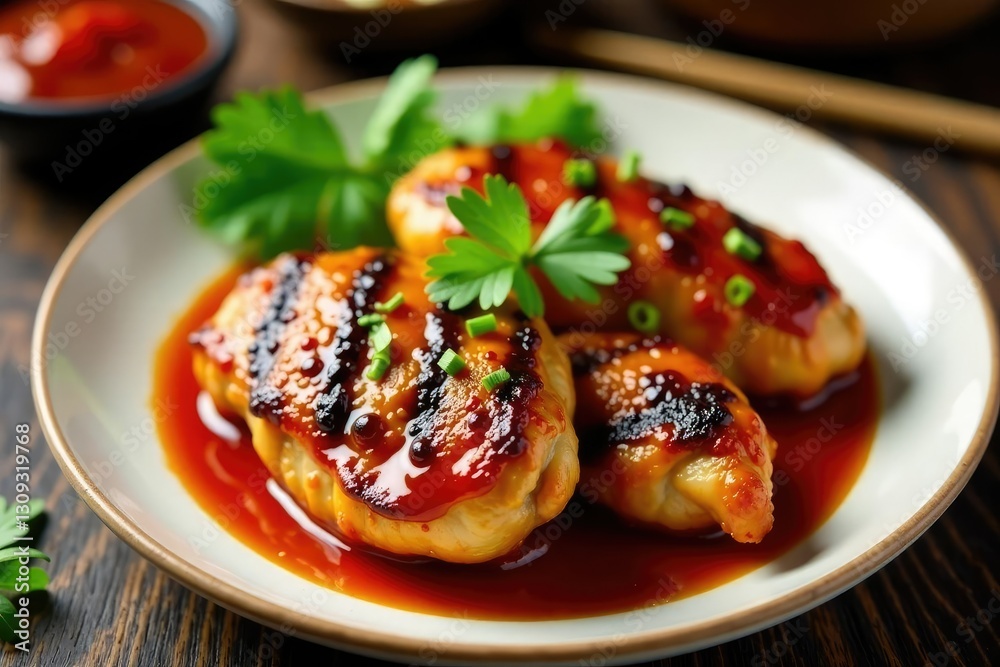 Grilled chicken thighs with spicy Gochujang sauce, meaty, grilled Grilled chicken thighs with spicy Gochujang sauce, meaty, grilled