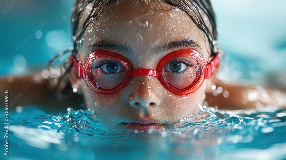 Naklejka premium An intense young swimmer, wearing red goggles, focuses on a swim as water glistens around, showcasing the thrill and dedication of youth in competitive swimming.