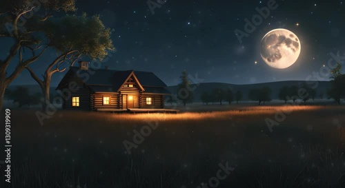 Rustic Cabin in a Starlit Open Field, looping 4k time-lapse virtual video animation Generated AI. 3D Render.