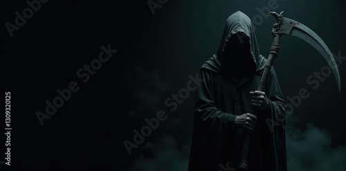 Grim reaper holds scythe against a stark black backdrop, grim, dark, black photo