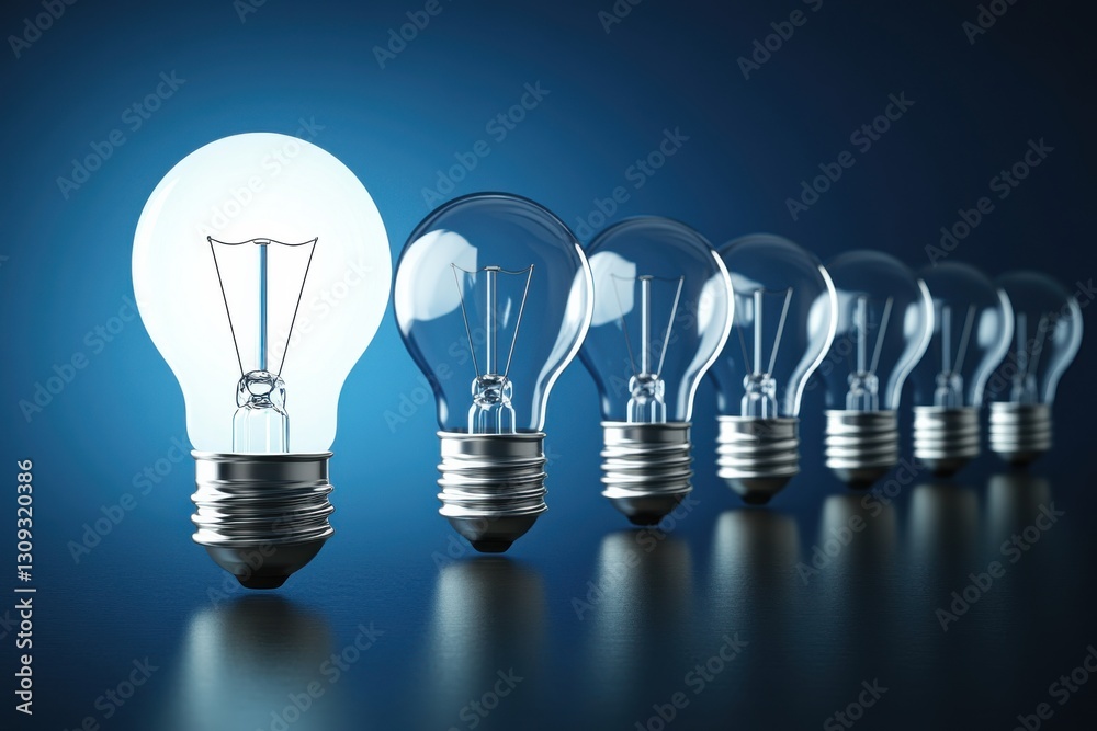 Row of Light Bulbs with One Illuminated Against Dark Background Row of Light Bulbs with One Illuminated Against Dark Background
