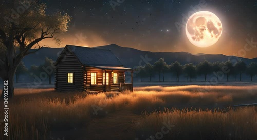 Moonlit Prairie with a Cozy Distant Cabin, looping 4k time-lapse virtual video animation Generated AI. 3D Render.