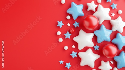 Colorful festoon of red, white, and blue stars and spheres on bright red backdrop for celebration themes