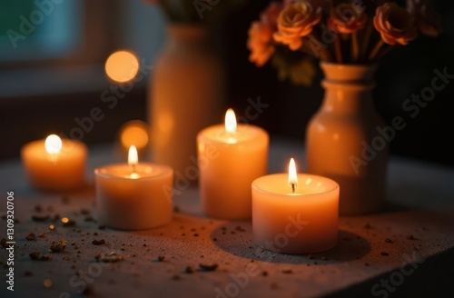 Soft candlelight creates a warm ambiance with flowers and decorative elements