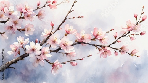 Cherry Blossoms Watercolor Painting on Delicate Branches