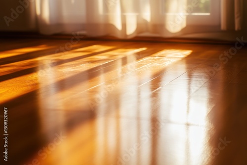 Sunlight and Shadow Play on Wooden Floor with Sheer Curtains