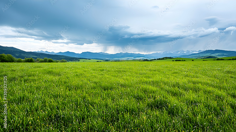 Lush Green Field Under Stormy Sky with Dramatic Lighting Lush Green Field Under Stormy Sky with Dramatic Lighting