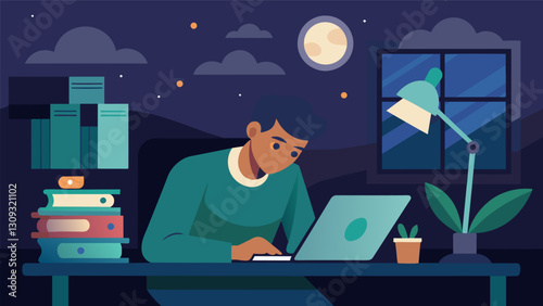 Despite multiple setbacks the student stays up late into the night researching and preparing to apply for more scholarships.. Vector illustration