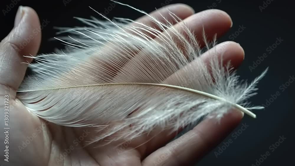 Delicate white feather resting gently in a hand against a dark background, symbolizing lightness