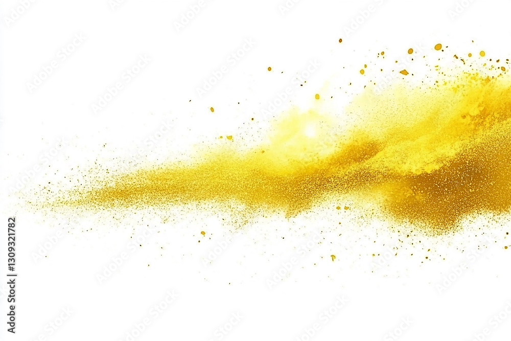 Vibrant yellow powder explosion creating a dynamic splash against a white background Vibrant yellow powder explosion creating a dynamic splash against a white background
