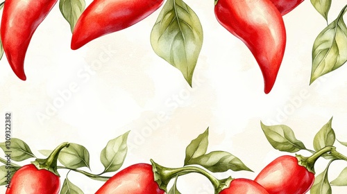 Vibrant Red Chili Peppers with Green Leaves in Watercolor Style for Culinary and Gardening Themes