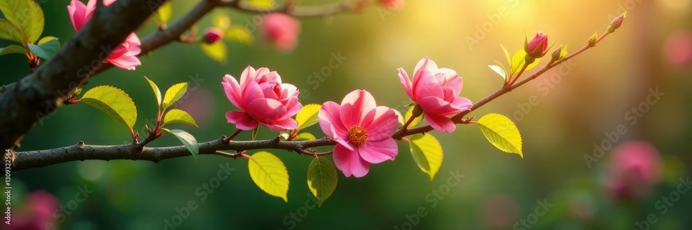 Les fleurs roses s'agitent dans les branches d'un arbre ensoleill?, d?coration int?rieure, verdure Les fleurs roses s'agitent dans les branches d'un arbre ensoleill?, d?coration int?rieure, verdure