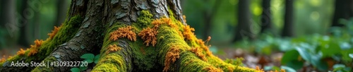 Lichen-covered tree trunk with multicolored mosses and ferns, plants, lichen photo