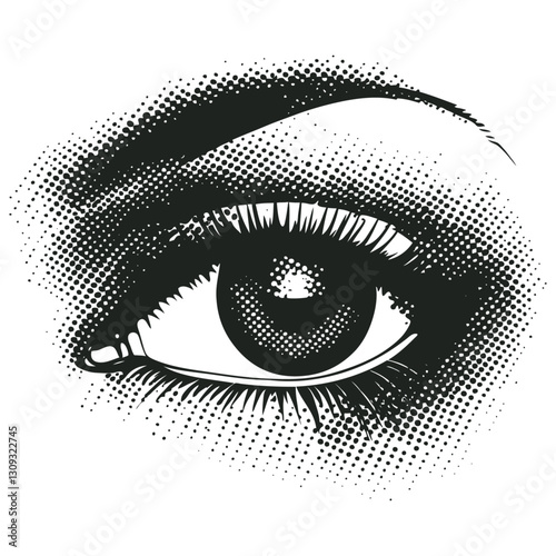 Vector illustration of a detailed human eye in black and white halftone style. The graphic shows realistic eyelashes, iris, pupil
