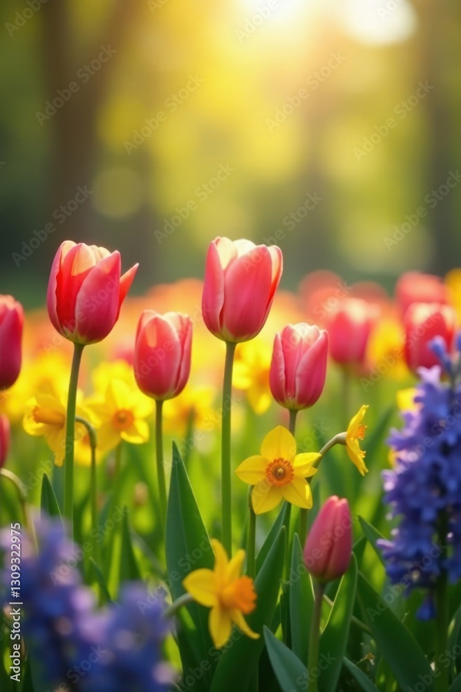 Vibrant tulips, daffodils, and hyacinths in a sunlit meadow , daffodils, floral Vibrant tulips, daffodils, and hyacinths in a sunlit meadow , daffodils, floral