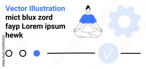 Woman meditating in lotus pose, abstract checkmark, gear, and text fragments. Ideal for wellness, meditation, fitness, mindfulness productivity health apps lifestyle and balance. Landing page