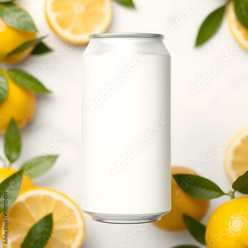 Blank aluminum can with a citrus background, featuring lemons, Perfect for branding mockups of beverages like soda, lemonades, or other citrus based drinks Refreshing