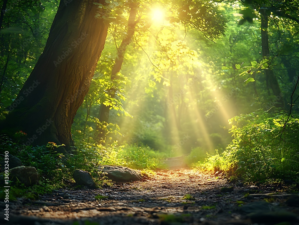 Obraz premium Sunbeams illuminating a forest path.