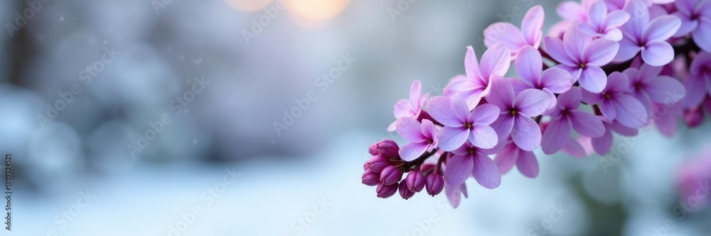 Lilac stem with delicate purple flowers on a snowy background, garden, stem Lilac stem with delicate purple flowers on a snowy background, garden, stem
