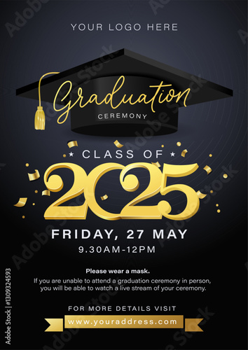 Congratulations graduates elegant banner or greeting card with gold confetti, lettering, graduation cap and diploma scroll. Graduation design for party, yearbook. Class of 2025 vector illustration.