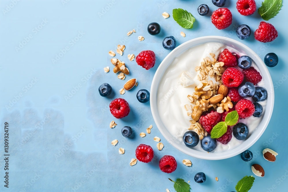 Delicious and visually appealing breakfast bowl featuring creamy yogurt topped with fresh blueberries, raspberries, crunchy nuts, and granola on a vibrant blue background, promoting healthy eating and Delicious and visually appealing breakfast bowl featuring creamy yogurt topped with fresh blueberries, raspberries, crunchy nuts, and granola on a vibrant blue background, promoting healthy eating and