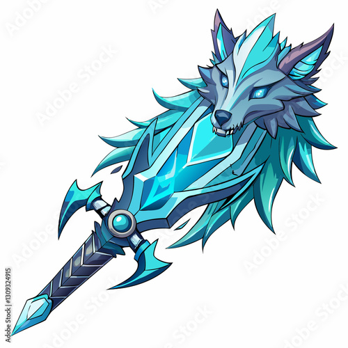 Create a detailed illustration of a tribal sword, its blade intricately carved, frosted with ice, and featuring sharp, crystalline spikes.  The hilt should reflect a similar icy, tribal aesthetic.