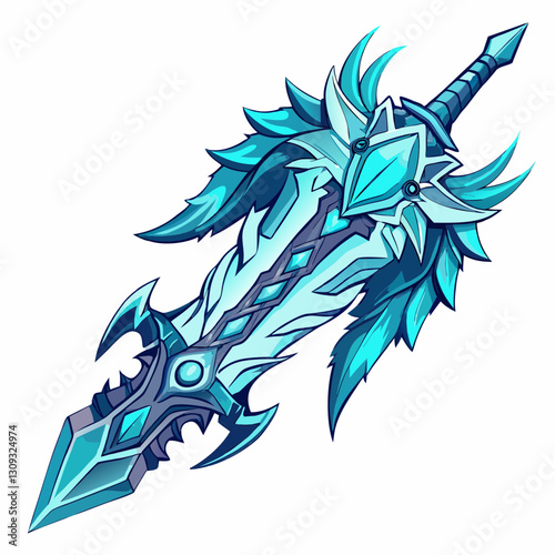 Design a tribal sword, ice-themed, with a frosty coating and numerous sharp, crystalline spikes along the blade and hilt.