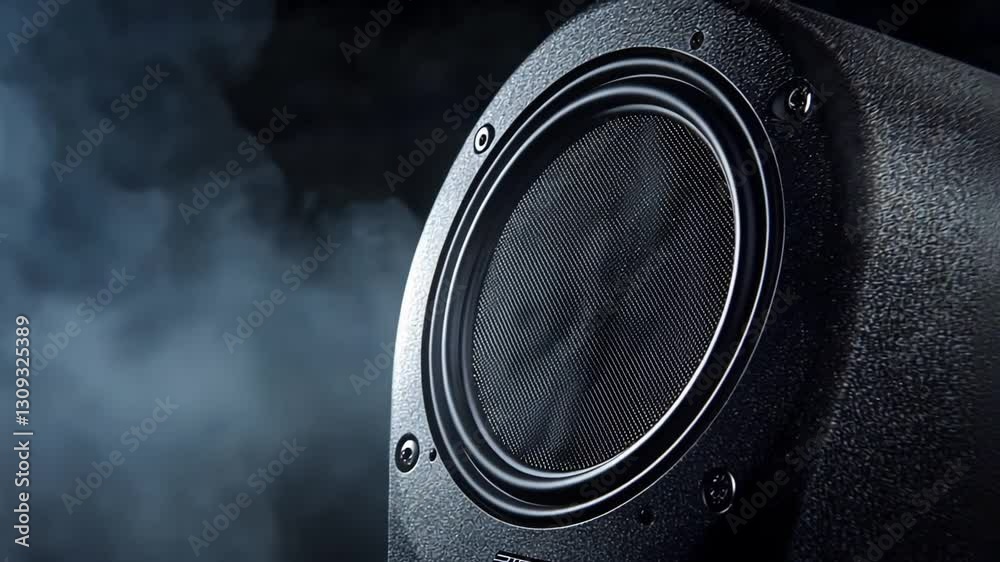 Close-up of a black speaker against a smoky background. Perfect for music, audio, and technology projects.
