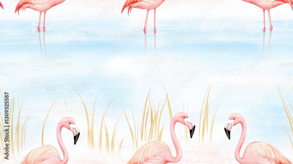 Obraz premium Elegant Flamingos Standing Gracefully in a Serene Water Setting Surrounded by Gentle Grass and Soft Blue Sky