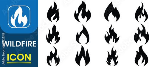 Wildfire icon. Fire icon vector set. Fire flame symbol. Collection of fire icons featuring various flame symbols. Set of natural disasters icons. Light ignite burn hot silhouette vector illustration.