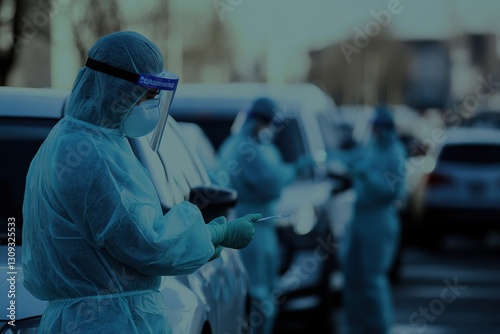 Healthcare Workers in Protective Gear at a Mobile Testing Site