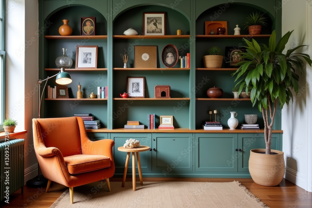 Fototapeta premium A stylish modern mid-century living room with warm tones and minimalist decor .