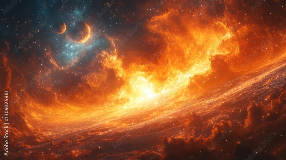 Fiery Cosmos with Two Planets in the Distance. Generative AI Fiery Cosmos with Two Planets in the Distance. Generative AI