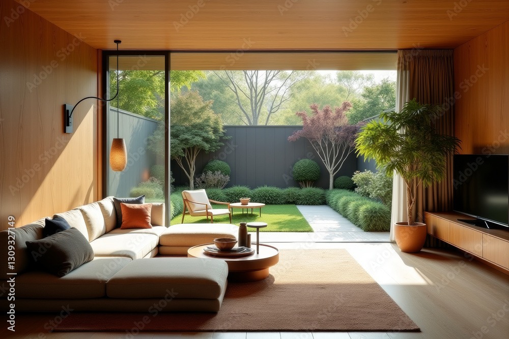 Fototapeta premium A stylish modern mid-century living room with warm tones and minimalist decor .