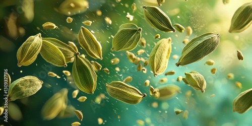 Green cardamom pods bursting open mid-air on a vibrant green and gold backdrop