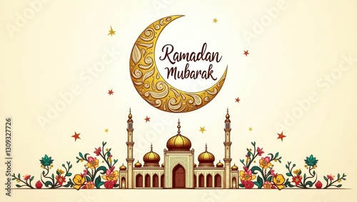 Islamic-themed digital artwork with crescent moon, mosque, and calligraphy