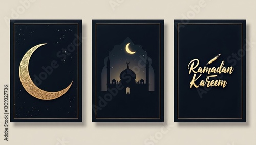 Islamic-themed digital artwork with crescent moon, mosque, and calligraphy