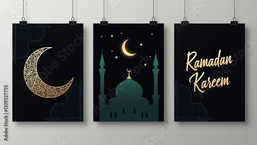 Islamic-themed digital artwork with crescent moon, mosque, and calligraphy