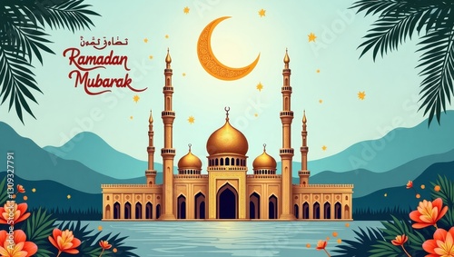 Islamic-themed digital artwork with crescent moon, mosque, and calligraphy