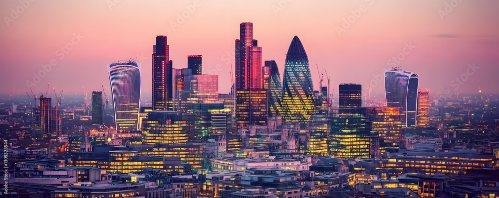 Fototapeta premium Illuminated metropolitan cityscape under a vibrant and colorful evening sky