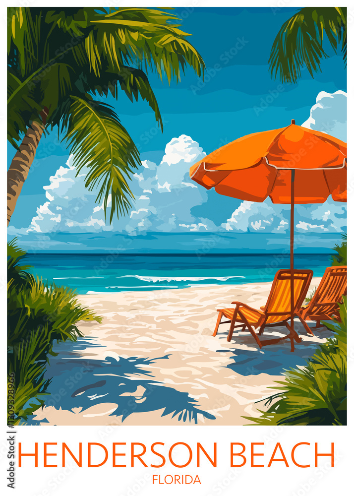 Henderson Beach Florida Poster Illustration Travel Print Decor Gift Paper Canvas Wall Retro Art