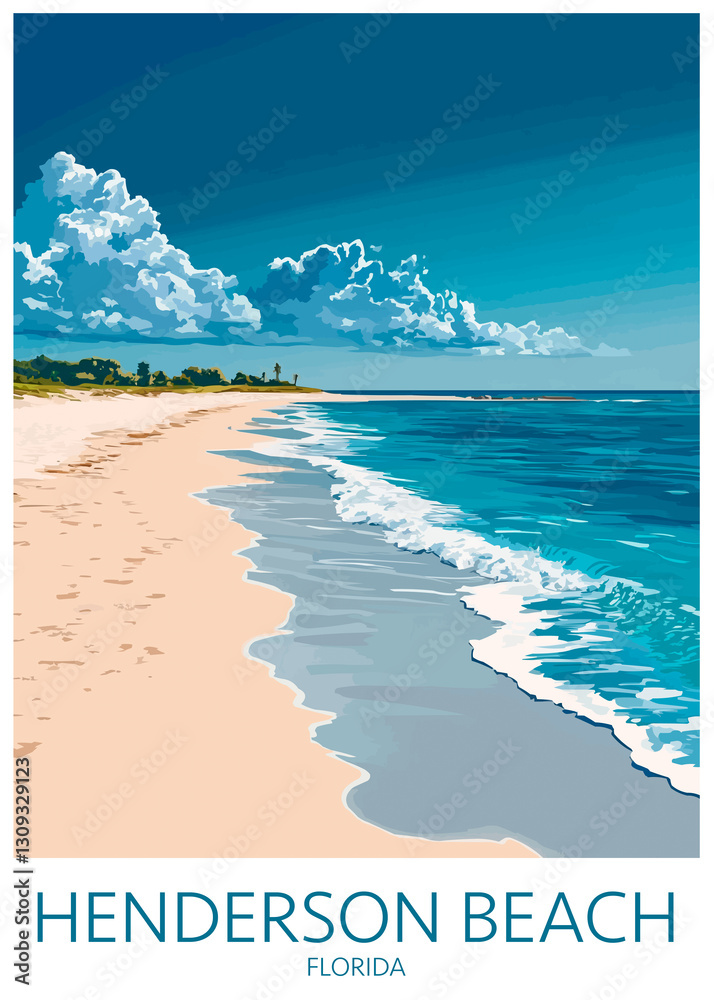 Henderson Beach Florida Poster Illustration Travel Print Decor Gift Paper Canvas Wall Retro Art